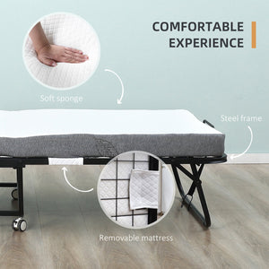 English Elm HOMCOM Foldaway Guest Bed with 4" Foam Mattress, Steel Frame on Locking Wheels, Space-Saving W2225P200758