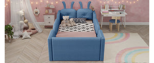 English Elm Twin Kids Platform Bed Teddy Fabric Upholstered with Bunny Cushions and Safety Rails Blue W2593P395808
