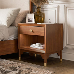 English Elm Mid Century Modern Walnut Nightstand Rubberwood Usb Port Gold Tapered Legs Bedroom B2741P433338