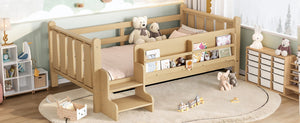 English Elm Twin Pine Floor Bed with Guardrails Built-in Bookcases and Stair Steps for Kids W1580P430184