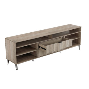 English Elm Dumbo 85" Fluted TV Stand with Gold Legs, 2 Drawers & 6 Shelves, Wire Management, Easy Snap Assembly Grey B365P397926