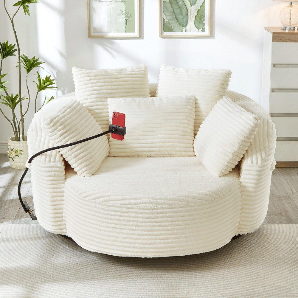 English Elm Swivel Barrel Accent Chair Chenille Tufted Round Club Seat for Living Room Lounge Beige N719S002320A