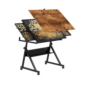 English Elm 1500 Puzzle Table with Adjustable Height & Tilt, 4 Felt Trays, Locking Wheels, Large Metal Storage Shelf Black W347P372497