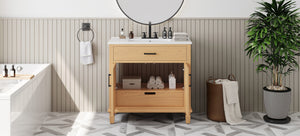 English Elm Christopher Knight Home® - 36" Rattan Bathroom Vanity with Ceramic Sink and Soft-Close Drawers, Handwoven Door Texture, Solid Wood Legs, Spacious Storage Elegance Natural N817P271077N