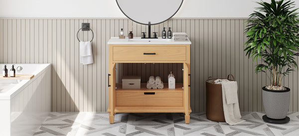 English Elm Christopher Knight Home® - 36" Rattan Bathroom Vanity with Ceramic Sink and Soft-Close Drawers, Handwoven Door Texture, Solid Wood Legs, Spacious Storage Elegance Natural N817P271077N