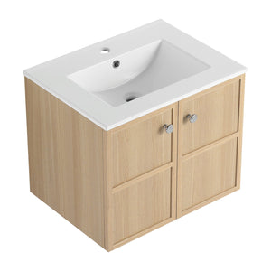 English Elm 24" Modern Wall Vanity with Ceramic Sink, Oak Plywood Cabinet, 2 Soft-Close Doors, Handles Included W1972S00021