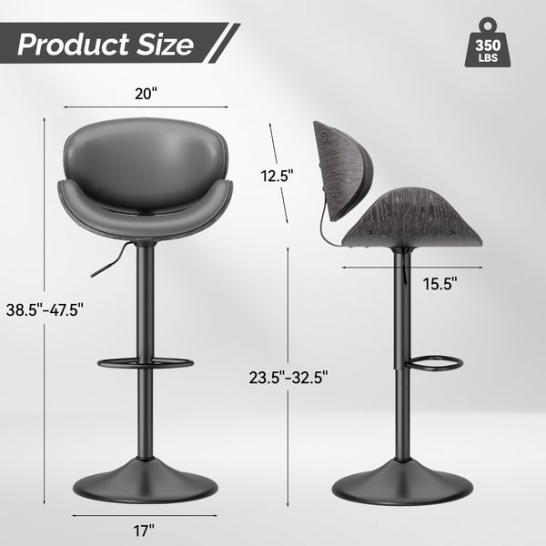 English Elm Swivel Bar Stools Set Of 2 - Adjustable Height, 360° Swivel, Grey Pu Leather Comfort For Kitchen T3950P394490-GIGA