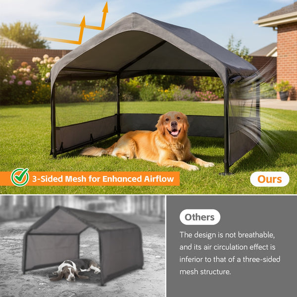 English Elm Extra Extra Large Outdoor Dog House Tent with Canopy, 3-Sided Mesh Ventilation, Steel Frame, Oxford Fabric Shelter Stakes Included W1422P362931