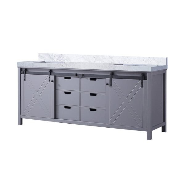 English Elm Dark Grey Double Bath Vanity With Elegant Carrara Marble Top - 80 In. W, Modern Storage Design B2731P260062