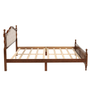 English Elm Queen Pine Upholstered Headboard Bed in Walnut — Modern Minimalist Queen Platform with Dual Support Feet, Space-Saving Design W504P268435
