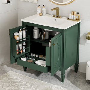 English Elm Christopher Knight Home® - 30" Bathroom Vanity with Sink Vintage Freestanding Ceramic Top Soft-Close Doors Gold Knobs, Storage Green N759P226000F