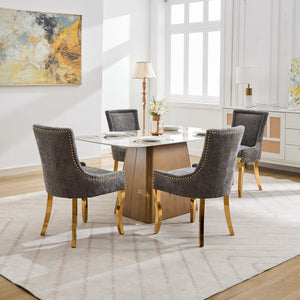 English Elm Chenille Plush Dining Chair with Curved Gold-Plated Legs, Rivet Trim, Textured Upholstery Comfort Gray W1143P332686