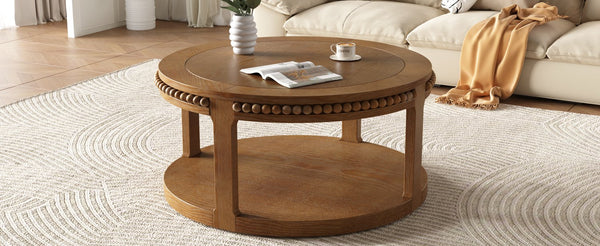 English Elm 31.5 Inch Round Solid Wood Coffee Table Two-Tier Thick Top Sturdy Legs 100lb Capacity, Elegant Finish Walnut Brown W1445P341375