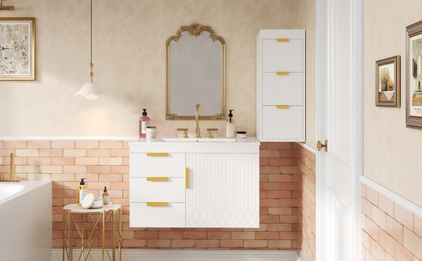 English Elm 30" Bathroom Vanity with Sink — Wall-Mounted Ceramic Basin, Soft-Close Storage, Floating Modern Design White N710S324096K