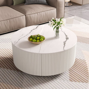 English Elm Modern Round Coffee Table with Sintered Stone Marble Top, Locking Casters, 2 Soft-Close Drawers, Space-Saving Design White N735P328523K