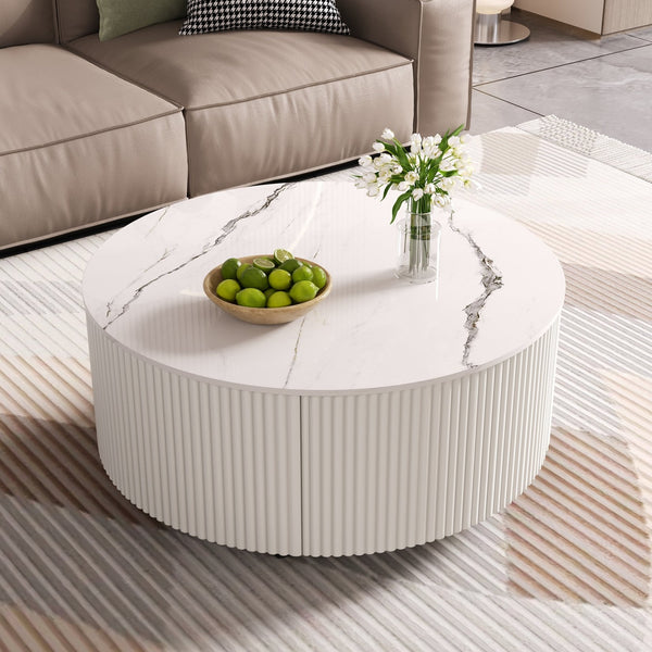English Elm Modern Round Coffee Table with Sintered Stone Marble Top, Locking Casters, 2 Soft-Close Drawers, Space-Saving Design White N735P328523K