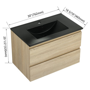English Elm 30" Wall-Mounted Bathroom Vanity With Black Sink, Soft-Close Drawers, Modern Space-Saving Design W999S00194