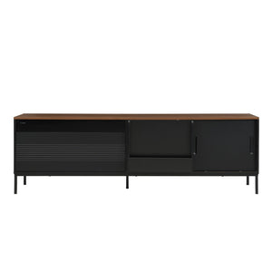English Elm U-can Mid Century Walnut Media Console with Sliding Doors and Metal Frame for Living Rooms Black N724P360370B