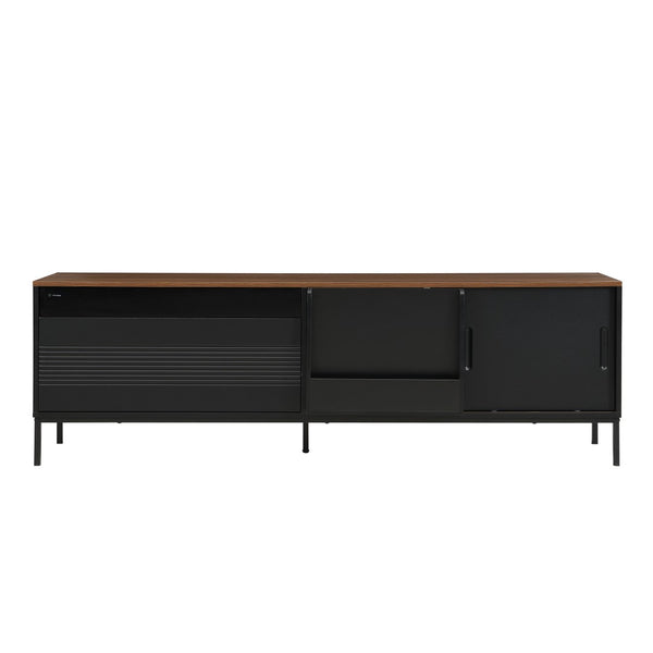English Elm U-can Mid Century Walnut Media Console with Sliding Doors and Metal Frame for Living Rooms Black N724P360370B