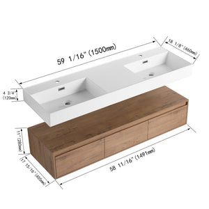 English Elm 60 Inch Wall-Mounted Modern Bathroom Vanity With Dual Resin Sinks, Soft Close Drawers & Chic Design W999S00356
