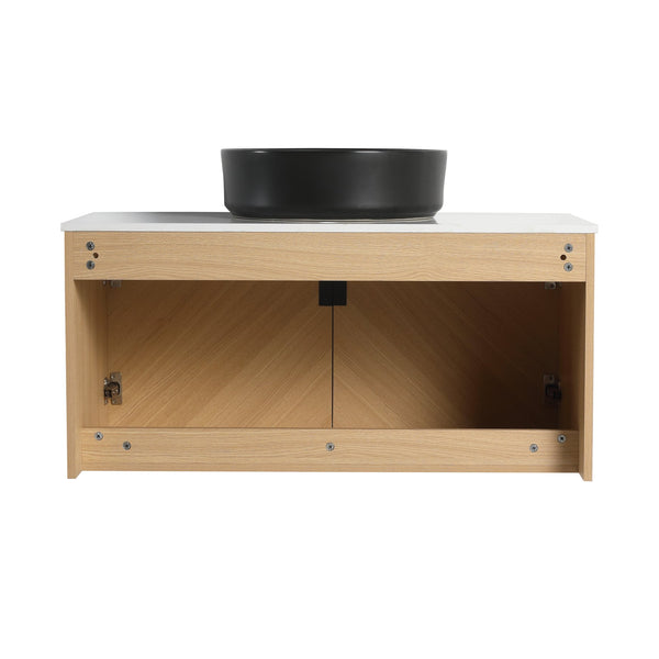 English Elm 36" Bathroom Vanity With Ceramic Vessel Sink & White Stone Top - Modern Wall-Mounted Design, Soft-Close Doors W999S00449