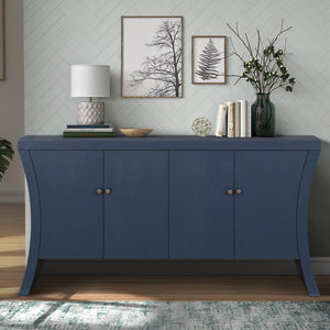 English Elm Refined Industrial 4-Door Credenza with Solid Wood Arc Legs, Distressed Bronze Clasps, Durable Storage Navy Blue W1445P256460