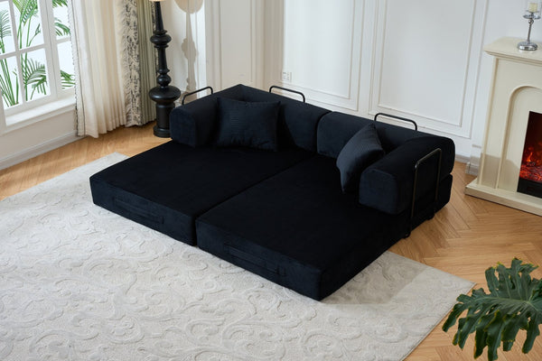 English Elm 59'' Corduroy Floor Sofa Convertible Sleeper with Bolster Pillow for Studio Living Black W3434P449858