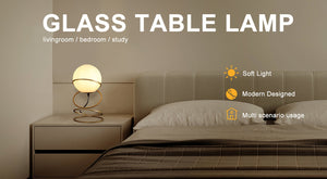 English Elm 13.5" Matte Gold Spiral 4-Ring Glass Globe Table Lamp — White Shade, Warm LED Glow for Bedroom Nightstand (94) B072P220159