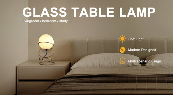 English Elm 13.5" Matte Gold Spiral 4-Ring Glass Globe Table Lamp — White Shade, Warm LED Glow for Bedroom Nightstand (94) B072P220159