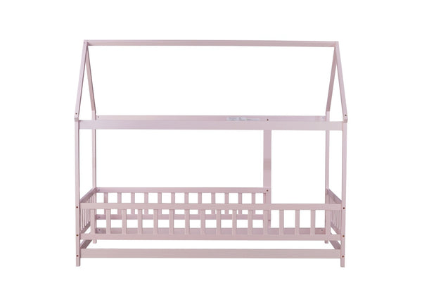 English Elm Twin Size House Floor Bed With Charming Roof Frame, Safety Guardrails & Soft Pink Finish For Kids W504P286405-GIGA