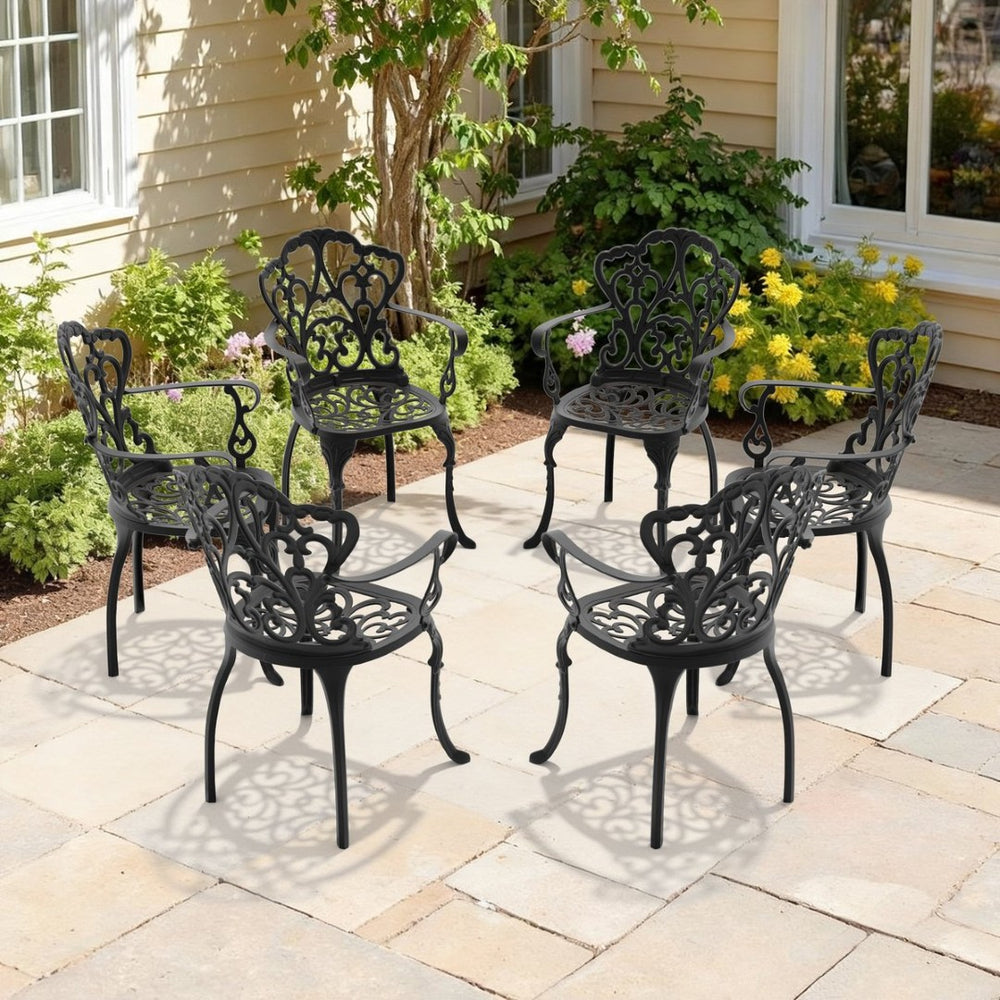 English Elm Cast Aluminum Outdoor Dining Chairs Set of Four with Carved Relief and Weather Resistant Frame W1710S00509