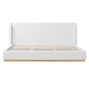 English Elm Modern Bouclé Upholstered King Bed Sculptural Winged Headboard Enclosed Wood Base N76KP376584W