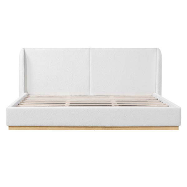 English Elm Modern Bouclé Upholstered King Bed Sculptural Winged Headboard Enclosed Wood Base N76KP376584W