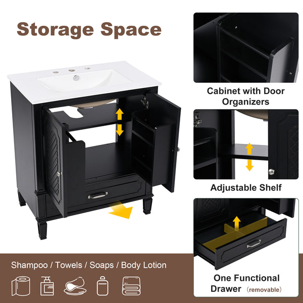 English Elm Christopher Knight Home® - 30" Bathroom Vanity with Sink Vintage Acacia Frame Ceramic Basin Soft-Close Doors & Storage Black N759P313313B