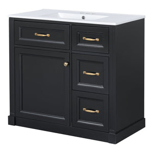 English Elm 36 Inch Bathroom Vanity With Sink & Soft-Close Drawers - Modern Black Cabinet For Smart Storage N725P336549B