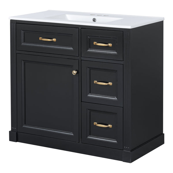 English Elm 36 Inch Bathroom Vanity With Sink & Soft-Close Drawers - Modern Black Cabinet For Smart Storage N725P336549B
