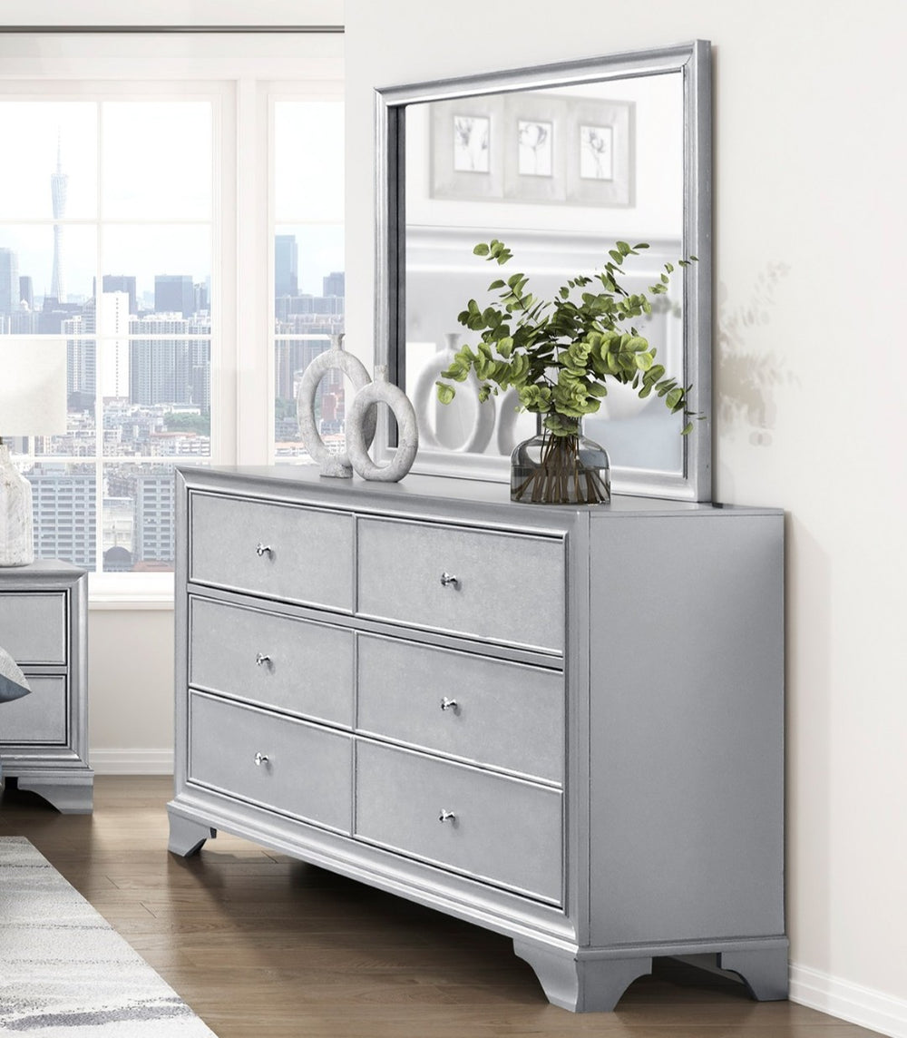 English Elm Silver Glam Six Drawer Dresser with Mirror Embossed Fronts for Contemporary Bedroom B011S02473