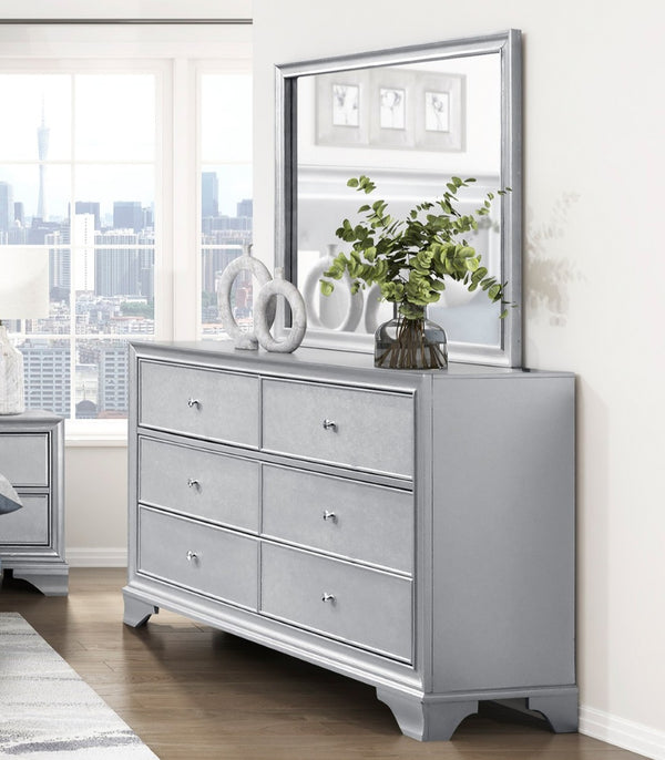 English Elm Silver Glam Six Drawer Dresser with Mirror Embossed Fronts for Contemporary Bedroom B011S02473