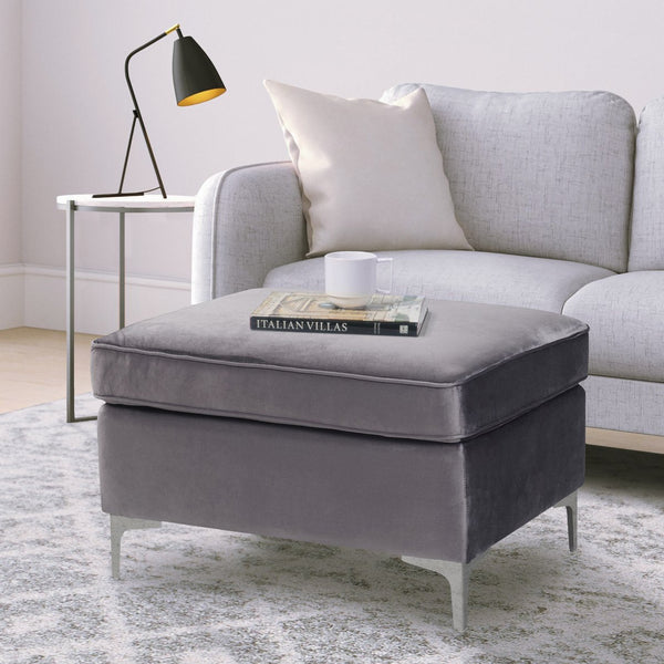 English Elm Grey Velvet Rectangle Ottoman with Pocket Coil Comfort, Faux Fur Pillows & Metal Legs for Luxe Living B062P184516