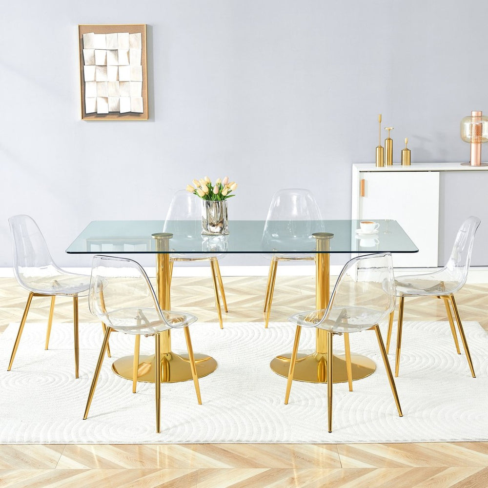 English Elm Table and Chair Set Tempered Glass Top with Acrylic Seats and Gold Leg Dining for Six W1151S04558