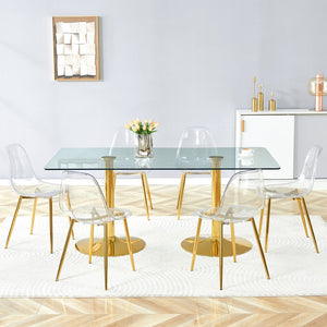 English Elm Table and Chair Set Tempered Glass Top with Acrylic Seats and Gold Leg Dining for Six W1151S04558