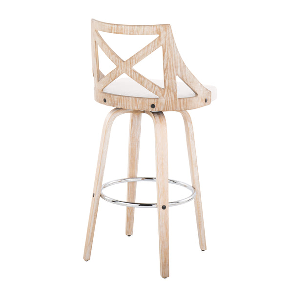 English Elm Charlotte 30" Farmhouse Barstool with 360° Swivel, White Wash Wood, X-Back, Padded Fabric Seat (Set of 2) Cream B202S00498