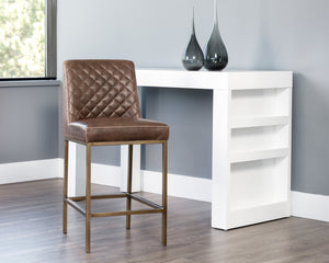 Sunpan Leighland Classic Barstool with Antique Brass Frame and Diamond-Stitched Faux Leather Upholstery Havana Dark Brown