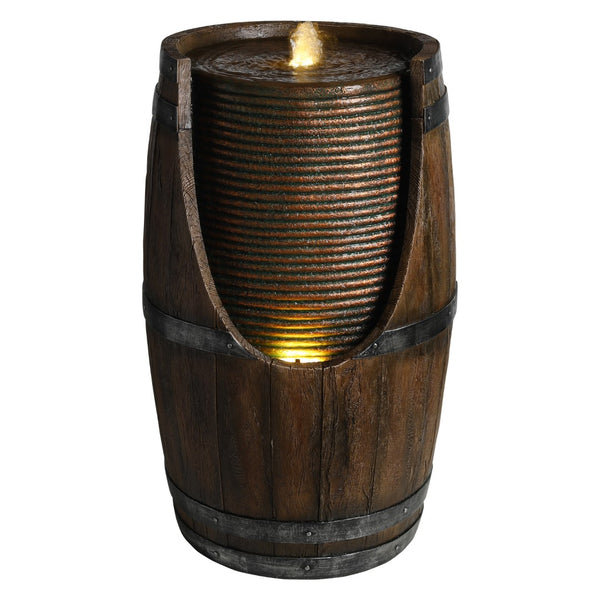 English Elm Outdoor Rustic Barrel Resin Fountain with Led Lights Farmhouse Waterfall Patio Decor Brown Gray W5397P454560