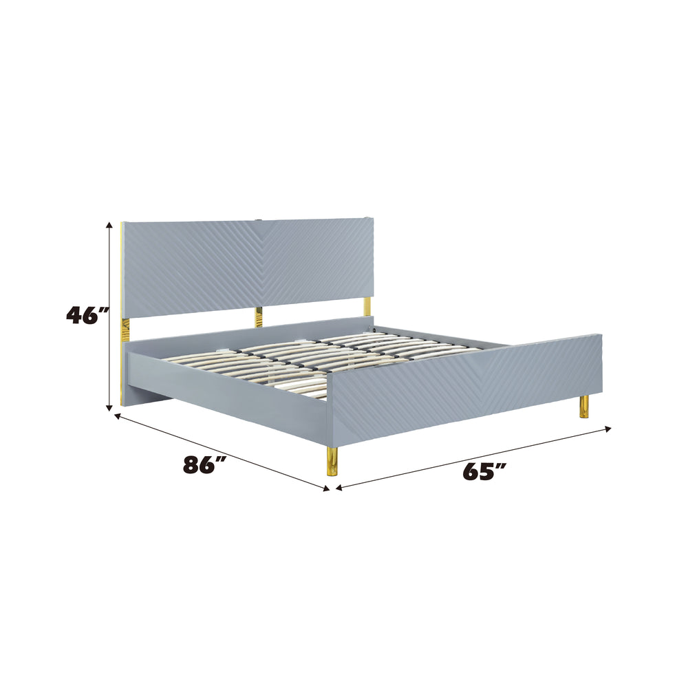 English Elm Gaines High Gloss EK Bed Frame with Wave Pattern Headboard, Metal Legs, 39 Slats, 660lb Capacity Gray 85.75 L x 18.74 W x 6.77 H B2726S00482