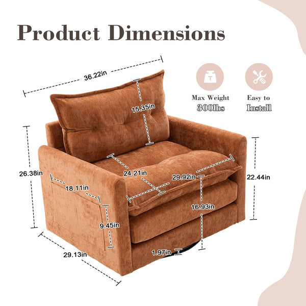 English Elm UNITED Swivel Barrel Chair with Chenille Upholstery, 360° Smooth Rotation, Padded Arm Comfort and Side Pockets for Living Room Relaxation Brown W1568P290084