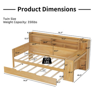 English Elm Wooden Twin Daybed with Trundle, Built-In Desk and Side Storage Shelves for Space-Saving Living Natural 54.4 L x 18 W x 5.6 H N733S242275M