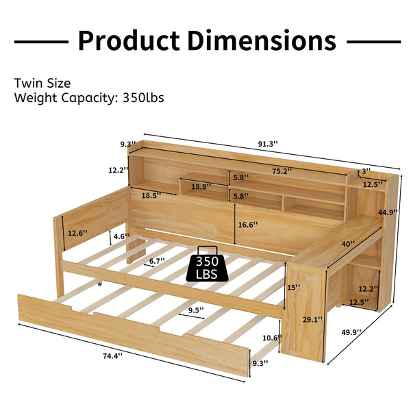 English Elm Wooden Twin Daybed with Trundle, Built-In Desk and Side Storage Shelves for Space-Saving Living Natural 54.4 L x 18 W x 5.6 H N733S242275M