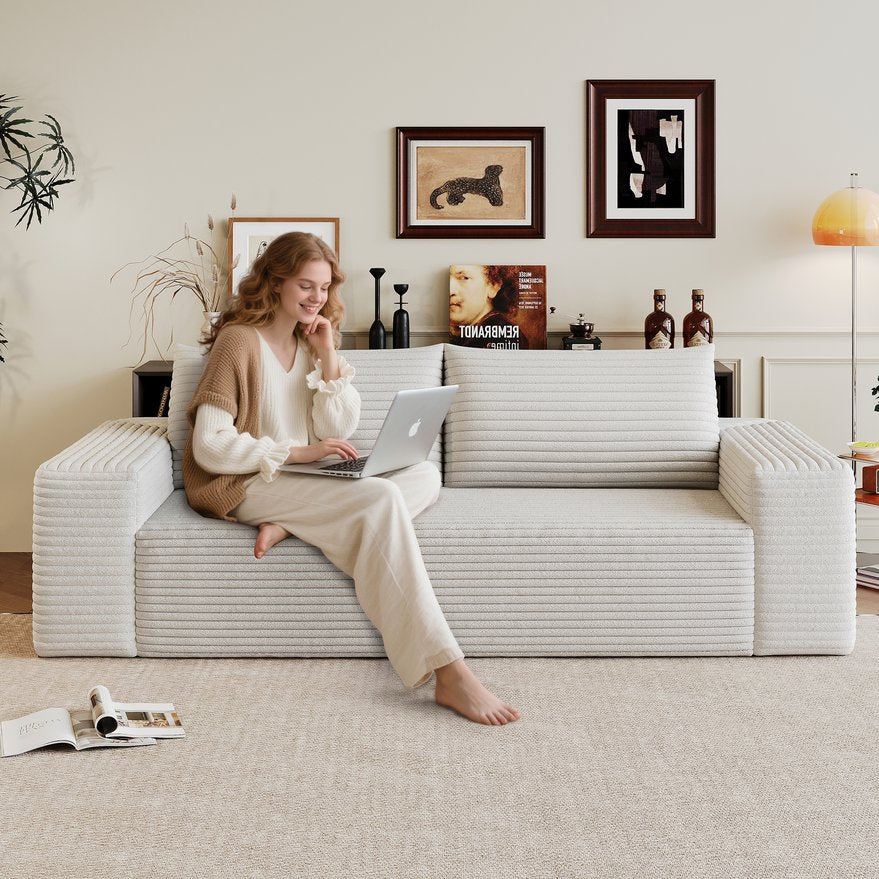 English Elm 71" Corduroy 3Seater Sofa with Deep Seat and Ergonomic Backrest, Plush Support and Durable Foam White W2824P321231