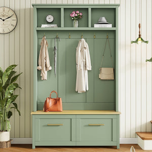 English Elm On-trend Entryway Hall Tree with Gold Hooks Bench Drawers and Shoe Cabinet Storage Mint Green N721S000056M-1